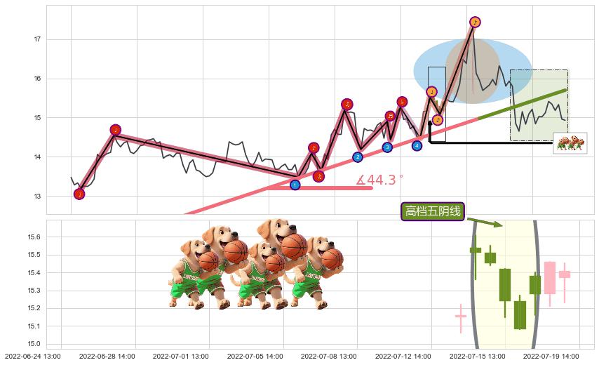 高档五阴线+三只乌鸦+双飞乌鸦(树上二鸦)+淡友反攻+吊颈线（上吊线）+倾盆大雨+看跌(高位倒锤头)流星线 ➕ 趋势线